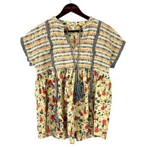Ivy Jane Women Size S Floral Top Embroidered Boho Short Sleeve Tassel Blouse T2